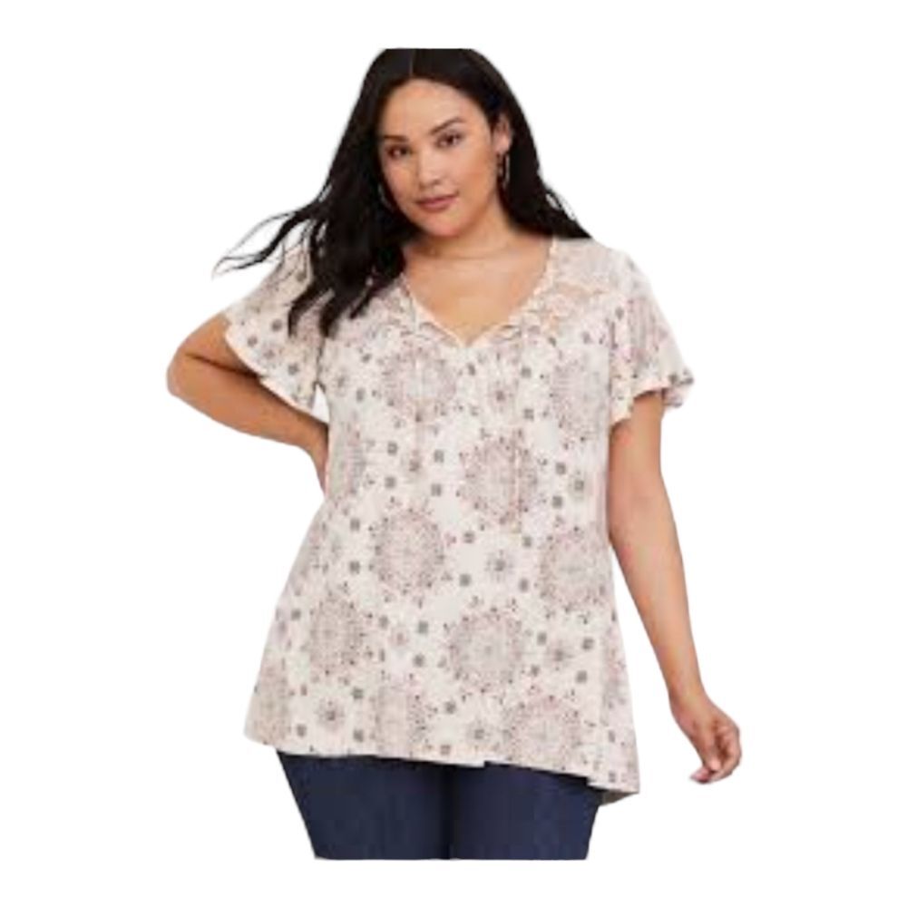 Torrid Super Soft Boho V Neck Lace Inset Flutter Sleeve Tee sz 0
